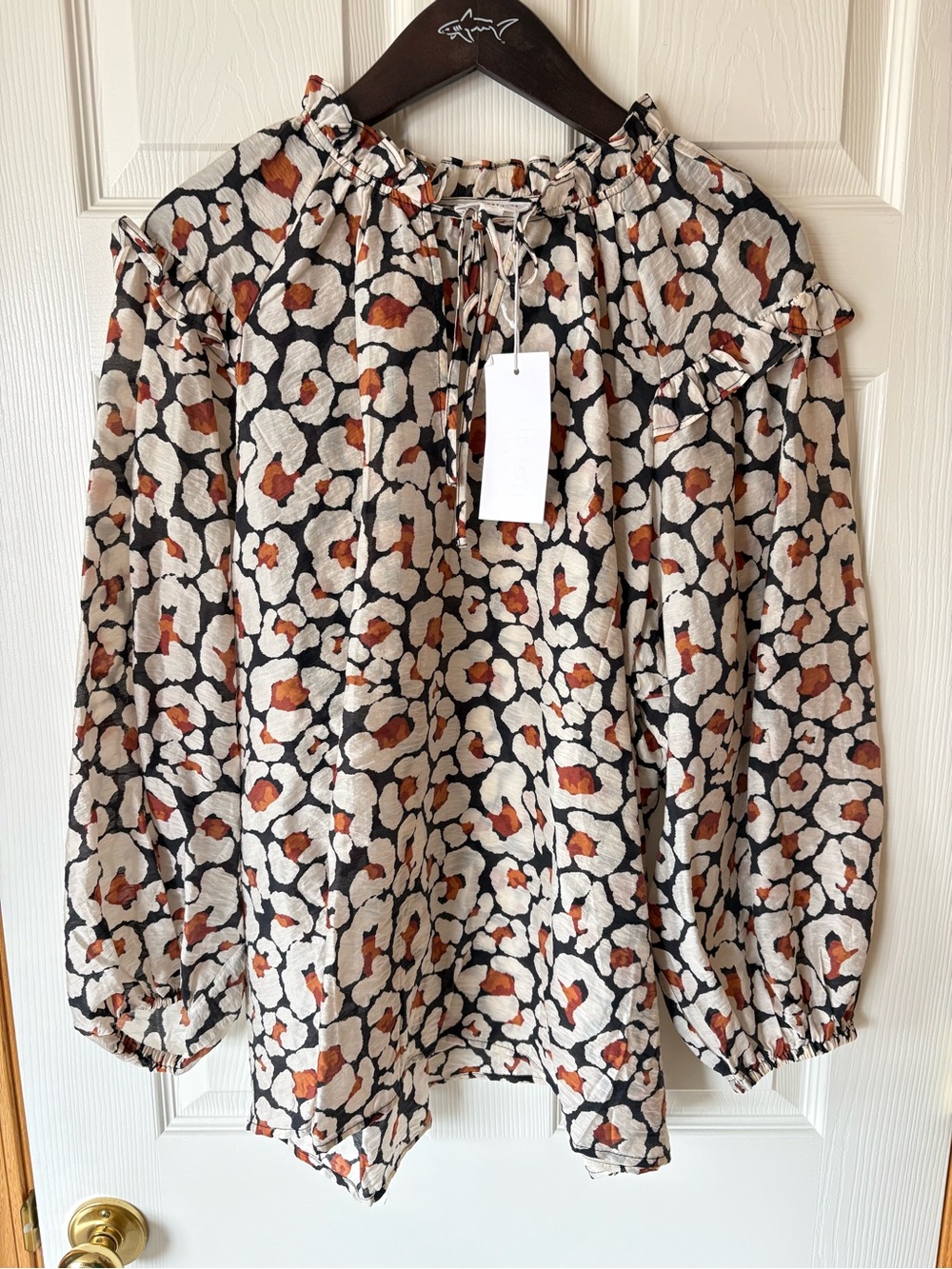 Tie-Neck Long Sleeve Animal Print Blouse in Cream, Black & Brown